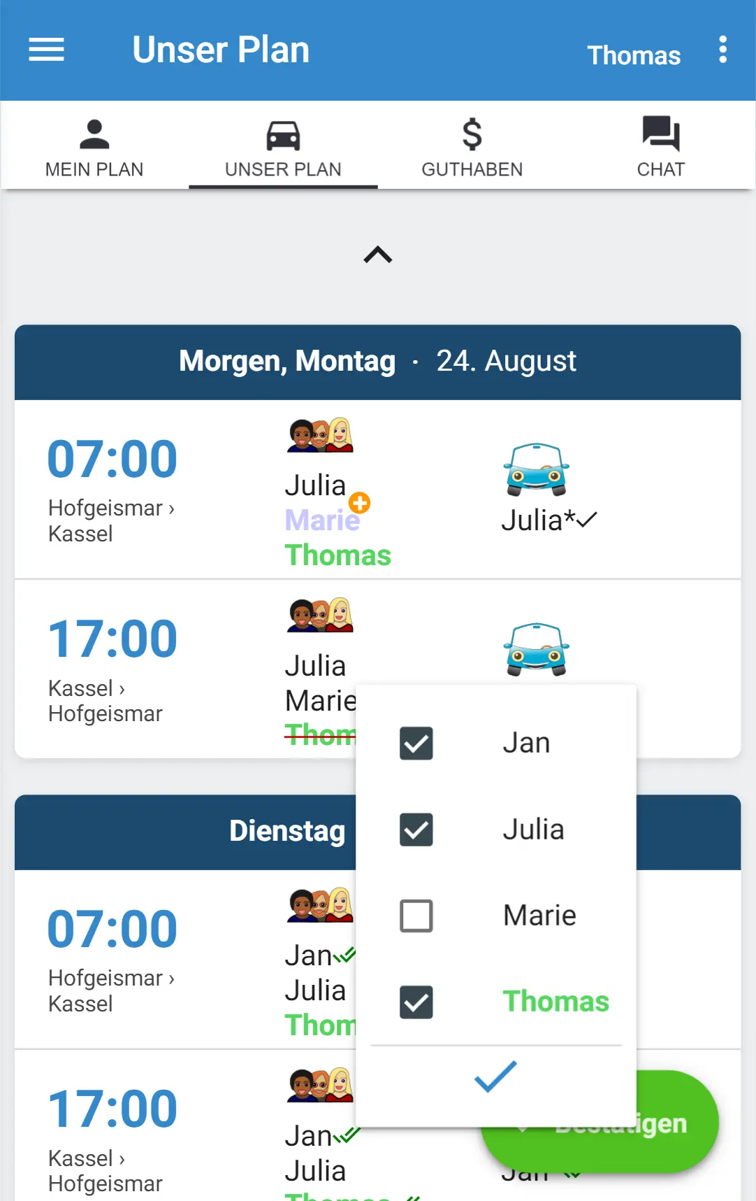 Unser Plan mit Fahrern und Mitfahrern in MyCarpoolApp